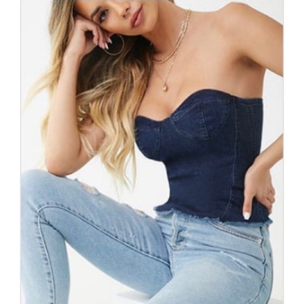 Forever 21 Denim Frayed Sweetheart Tube Top -Small